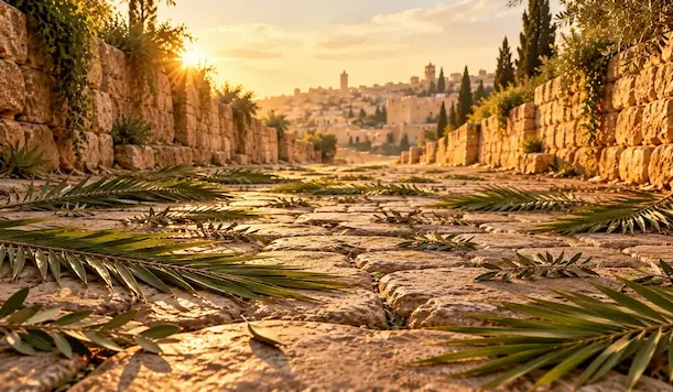Palm branches laid across an old stone road in golden morning light, recalling Jesus' entry into Jerusalem