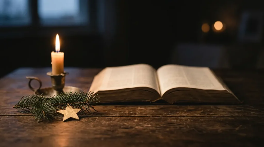 An open Bible by candlelight with pine for religious Christmas verses