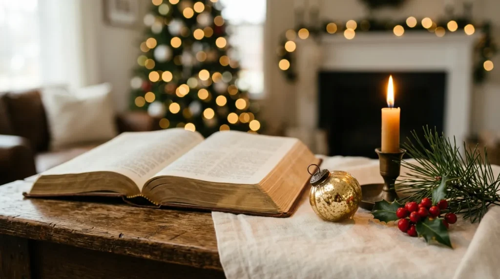 Religious Christmas wishes scene with an open Bible, a candle, and pine in warm light