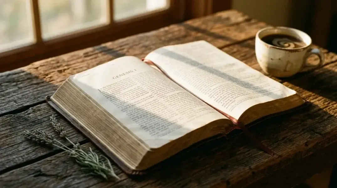 An open Bible on a rustic wooden surface with soft golden morning sunlight streaming across the pages