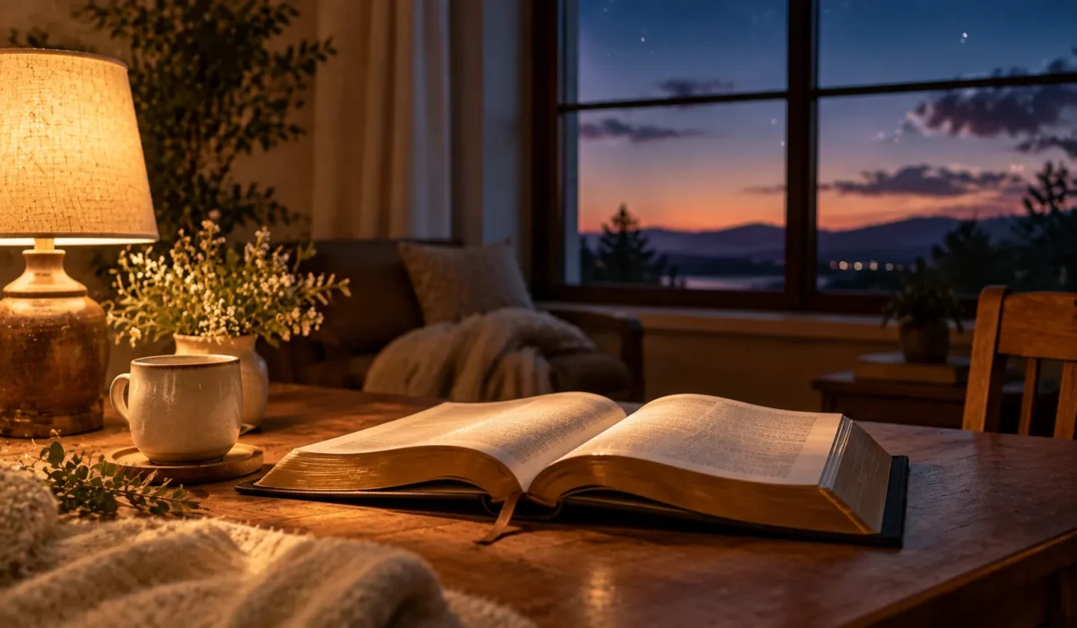 Lamp-lit room at night with an open Bible, a calm scene for Sunday night blessings