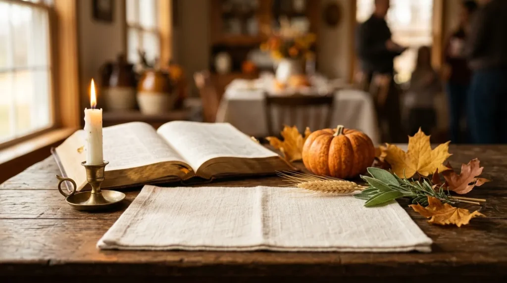 Thanksgiving blessings table with an open Bible, candle, and autumn leaves in warm light
