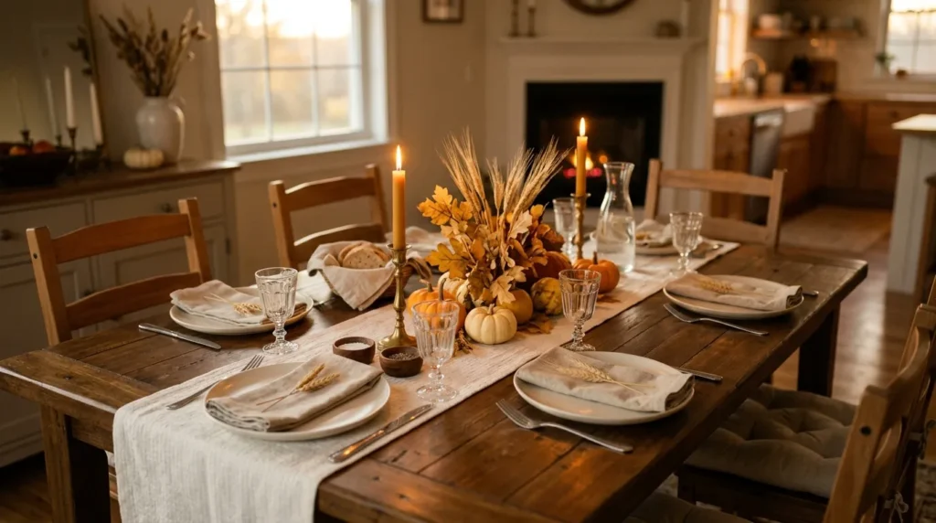 A Thanksgiving dinner table set with candles and autumn decor, ready for grace before the meal